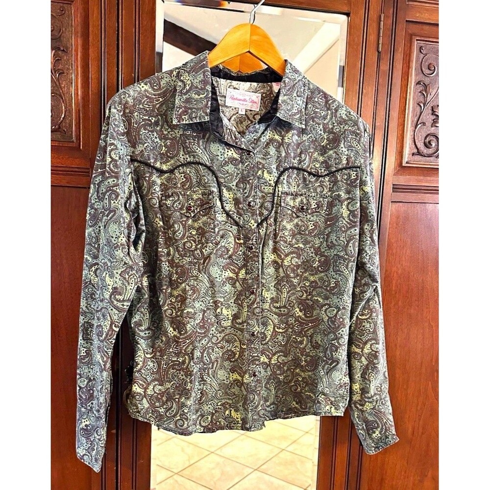 VTG Panhandle Slim Western Shirt Large L Paisley Green Gray Pearl Snap Women’s